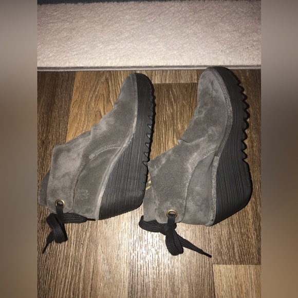 Fly London diesel grey suede ruched ankle boot